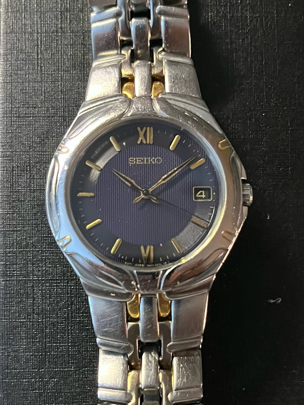 Vintage Seiko Watch Two Tone Blue Roman Numeral Dial Quartz Dress Men 7N42-6C10